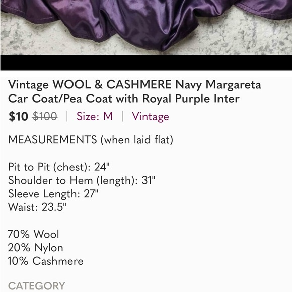 Vintage WOOL & CASHMERE Navy Margareta Car Coat/Pea Coat with Royal Purple Inter - Picture 5 of 5